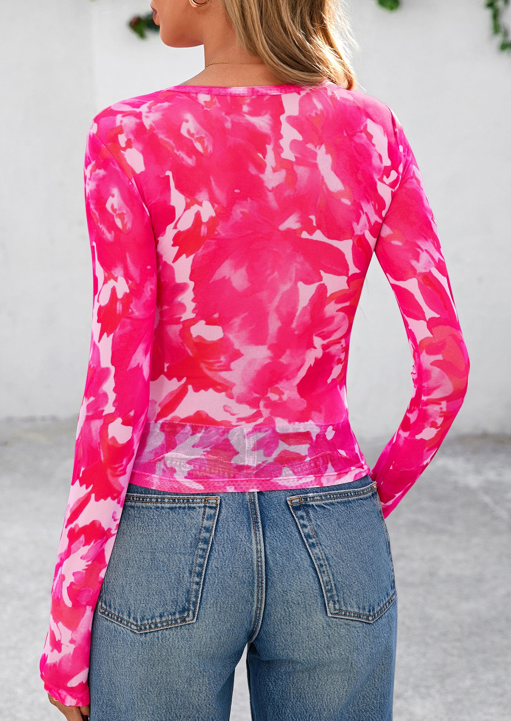 PRETTYGARDEN Women's Mesh Long Sleeve Top Trendy Fall See Through Sheer Blouse Leopard Fitted Going Out Layering Shirts