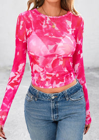 PRETTYGARDEN Women's Mesh Long Sleeve Top Trendy Fall See Through Sheer Blouse Leopard Fitted Going Out Layering Shirts