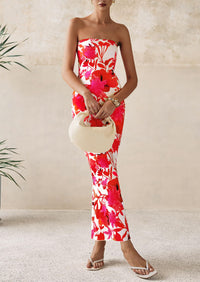 PRETTYGARDEN Women's Floral Bodycon Maxi Dresses Ribbed Strapless Tube Casual Boho Party Long Dress