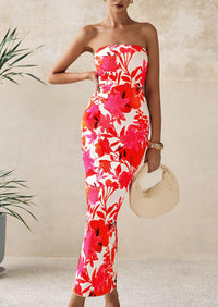 PRETTYGARDEN Women's Floral Bodycon Maxi Dresses Ribbed Strapless Tube Casual Boho Party Long Dress