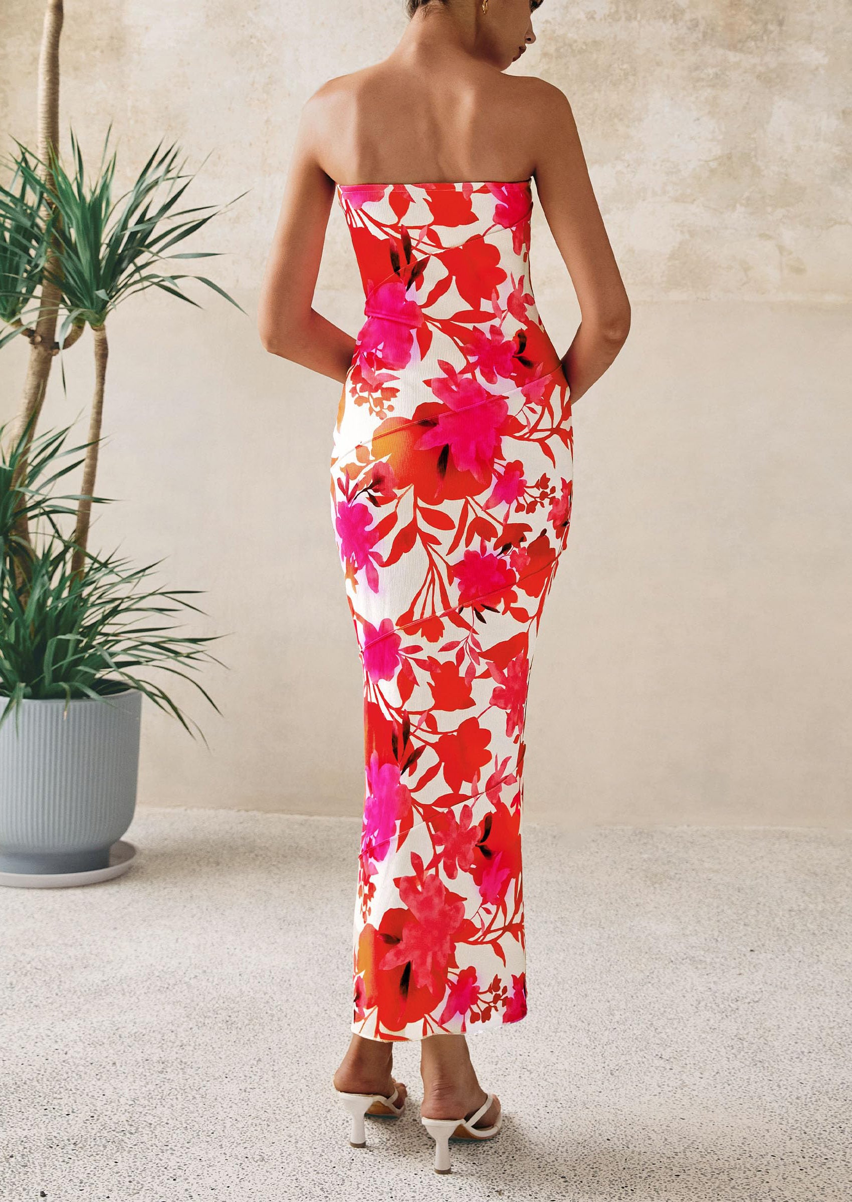 PRETTYGARDEN Women's Floral Bodycon Maxi Dresses Ribbed Strapless Tube Casual Boho Party Long Dress