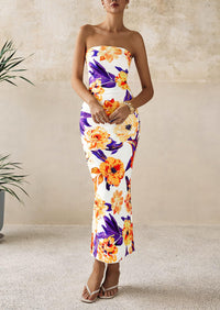 PRETTYGARDEN Women's Floral Bodycon Maxi Dresses Ribbed Strapless Tube Casual Boho Party Long Dress