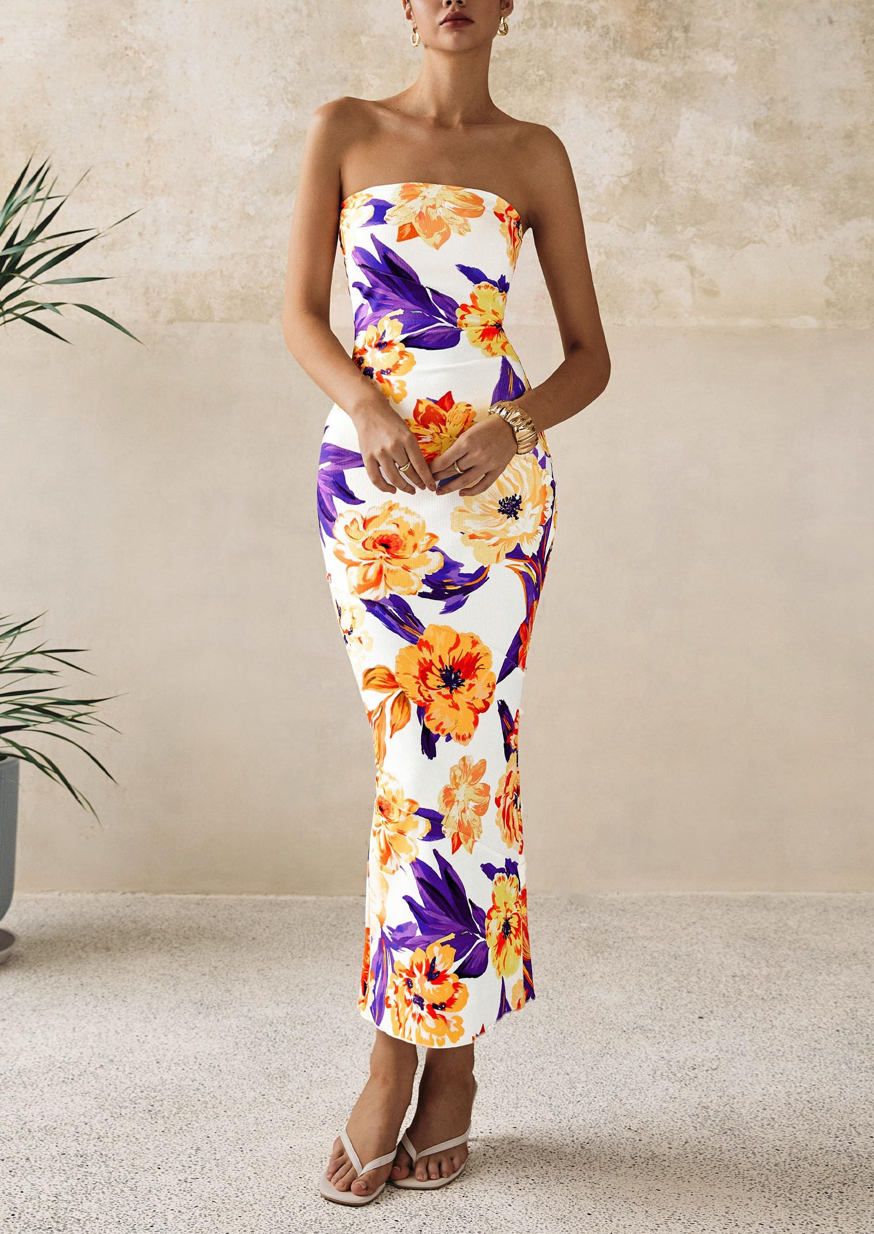 PRETTYGARDEN Women's Floral Bodycon Maxi Dresses Ribbed Strapless Tube Casual Boho Party Long Dress