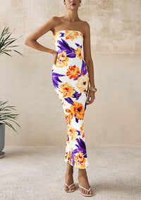 PRETTYGARDEN Women's Floral Bodycon Maxi Dresses Ribbed Strapless Tube Casual Boho Party Long Dress