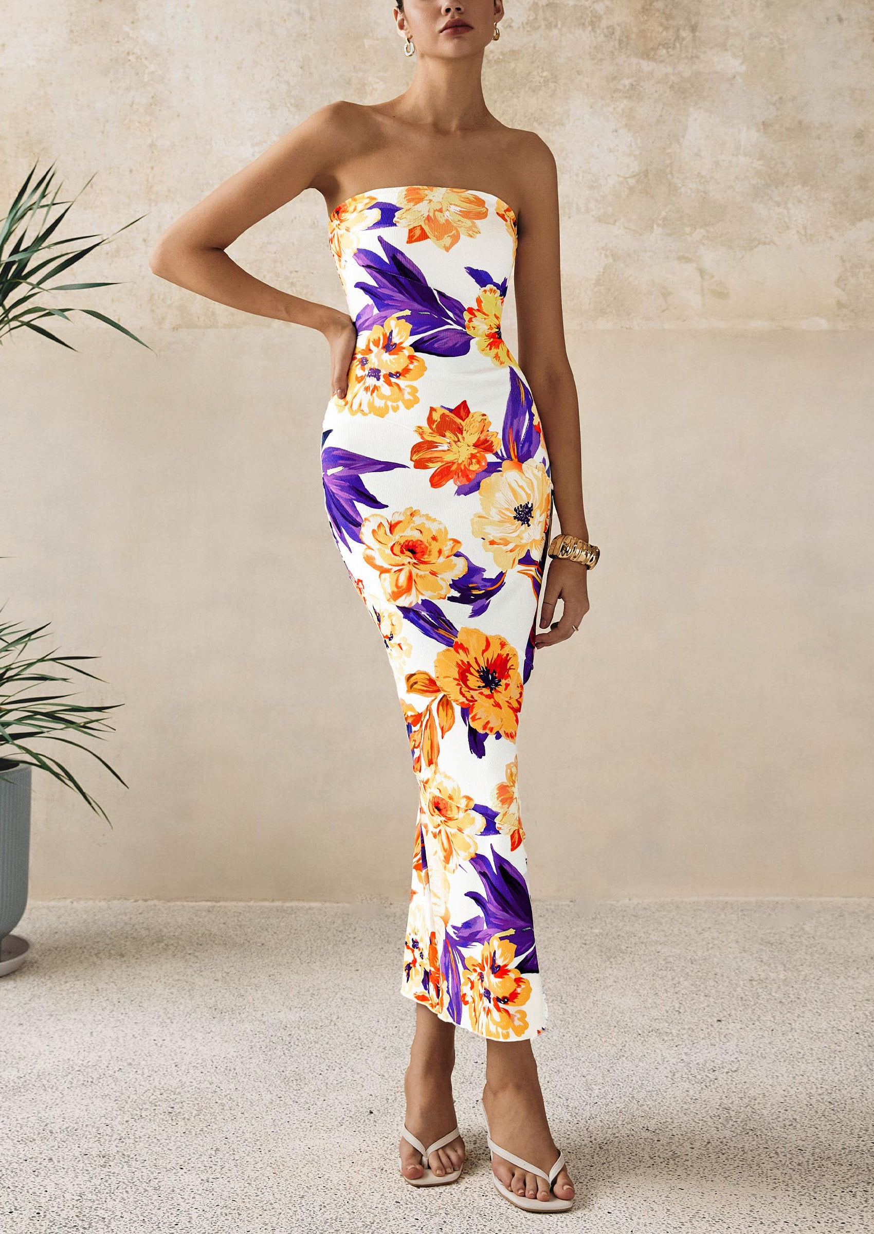 PRETTYGARDEN Women's Floral Bodycon Maxi Dresses Ribbed Strapless Tube Casual Boho Party Long Dress