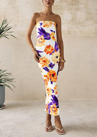 PRETTYGARDEN Women's Floral Bodycon Maxi Dresses Ribbed Strapless Tube Casual Boho Party Long Dress