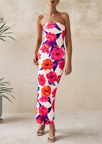 PRETTYGARDEN Women's Floral Bodycon Maxi Dresses Ribbed Strapless Tube Casual Boho Party Long Dress