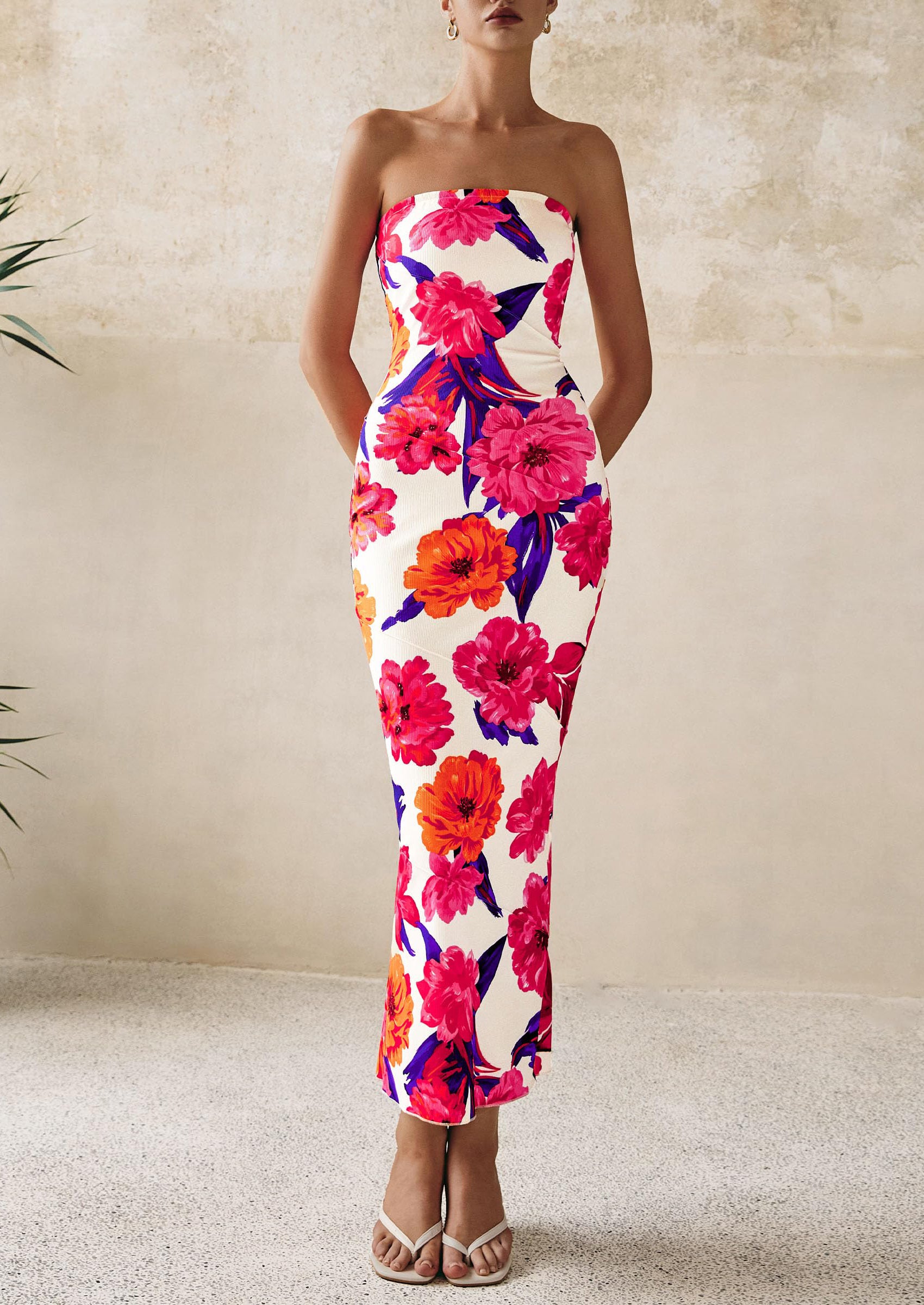 PRETTYGARDEN Women's Floral Bodycon Maxi Dresses Ribbed Strapless Tube Casual Boho Party Long Dress