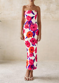 PRETTYGARDEN Women's Floral Bodycon Maxi Dresses Ribbed Strapless Tube Casual Boho Party Long Dress