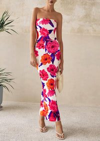 PRETTYGARDEN Women's Floral Bodycon Maxi Dresses Ribbed Strapless Tube Casual Boho Party Long Dress