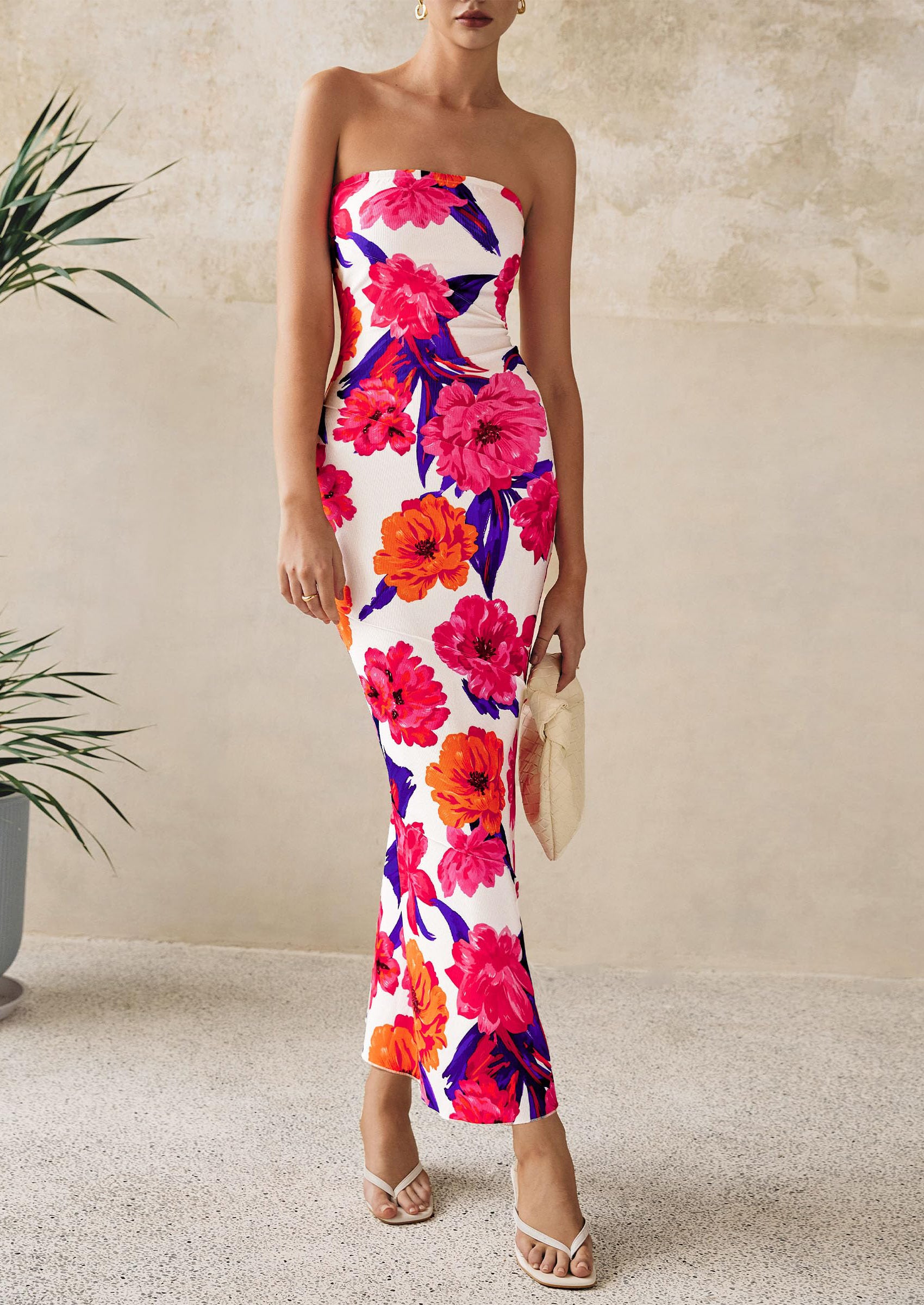 PRETTYGARDEN Women's Floral Bodycon Maxi Dresses Ribbed Strapless Tube Casual Boho Party Long Dress