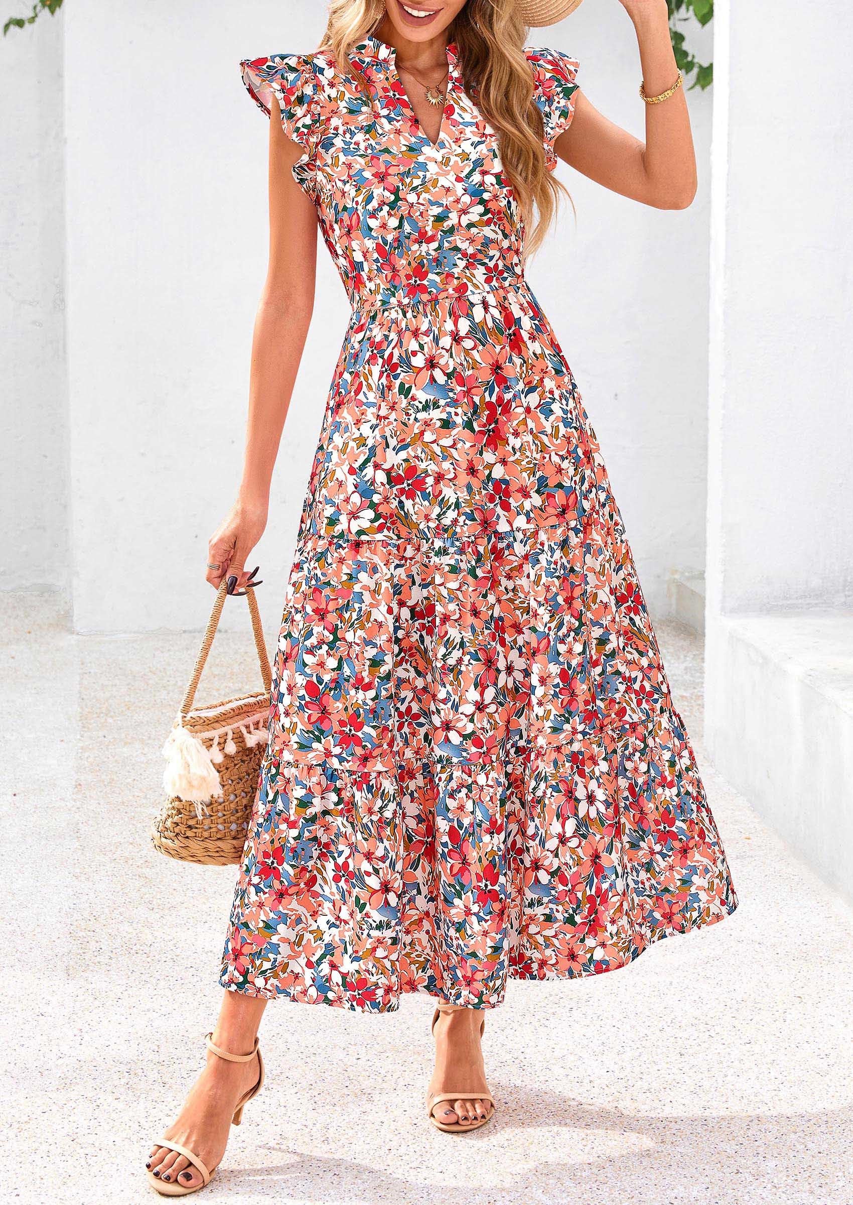 PRETTYGARDEN Women's Summer Floral Midi Dress Cap Sleeve V Neck Ruffle Long Flowy Boho Casual Beach Vacation Dresses