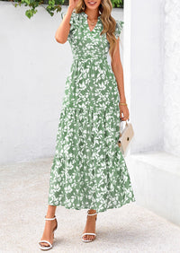 PRETTYGARDEN Women's Summer Floral Midi Dress Cap Sleeve V Neck Ruffle Long Flowy Boho Casual Beach Vacation Dresses