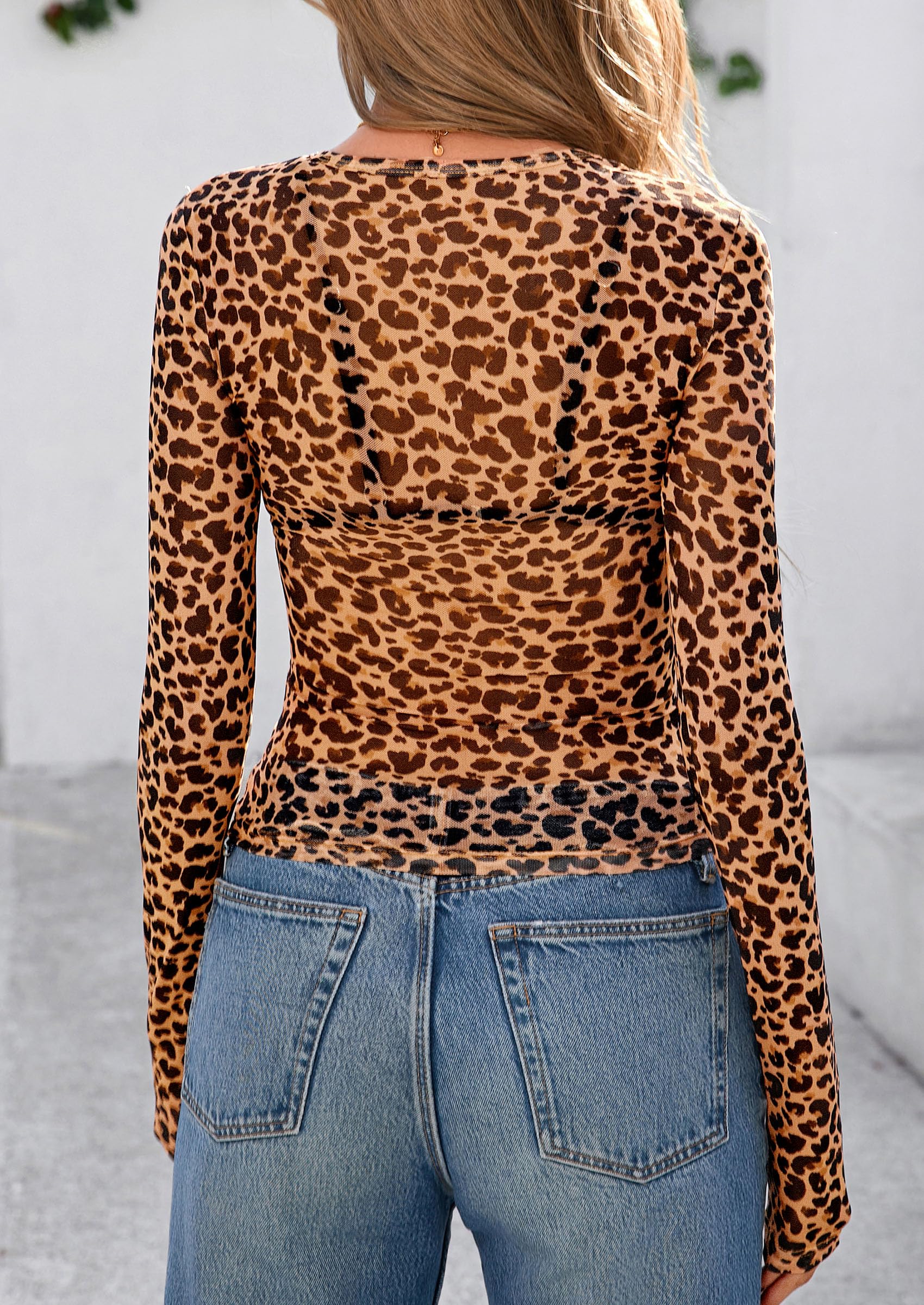 PRETTYGARDEN Women's Mesh Long Sleeve Top Trendy Fall See Through Sheer Blouse Leopard Fitted Going Out Layering Shirts