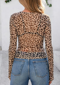 PRETTYGARDEN Women's Mesh Long Sleeve Top Trendy Fall See Through Sheer Blouse Leopard Fitted Going Out Layering Shirts