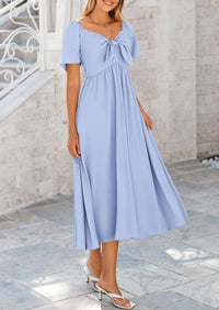 PRETTYGARDEN Summer Dress for Women Casual Short Sleeve Bow Tie V Neck Ruffle Midi Flowy Dresses