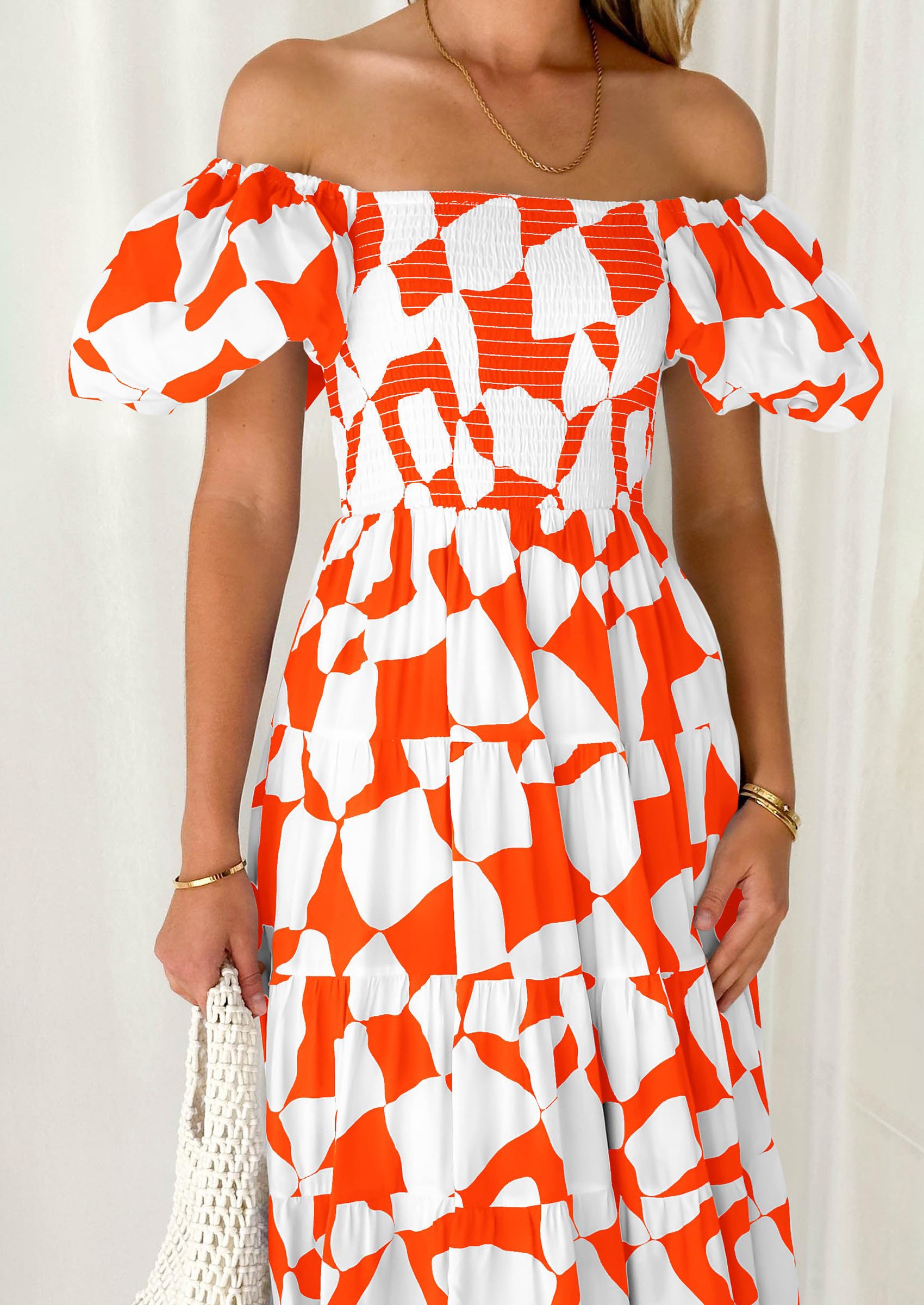 PRETTYGARDEN Women's Summer Boho Midi Dress Off Shoulder Puff Sleeve Print Smocked Ruffle Beach Long Flowy Dresses