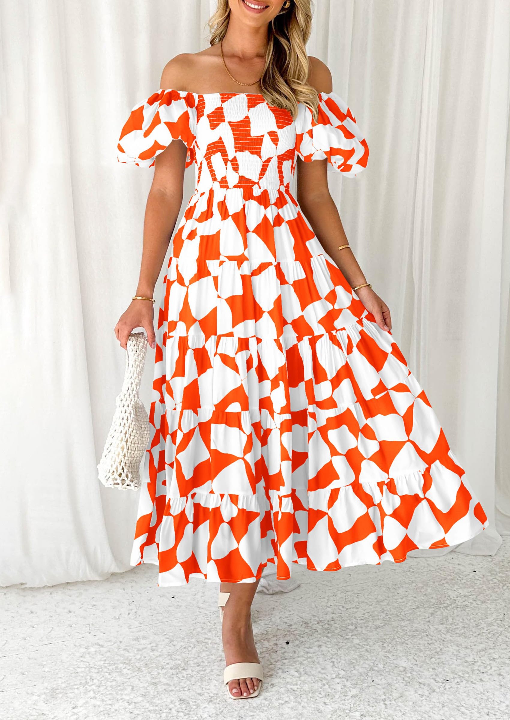 PRETTYGARDEN Women's Summer Boho Midi Dress Off Shoulder Puff Sleeve Print Smocked Ruffle Beach Long Flowy Dresses