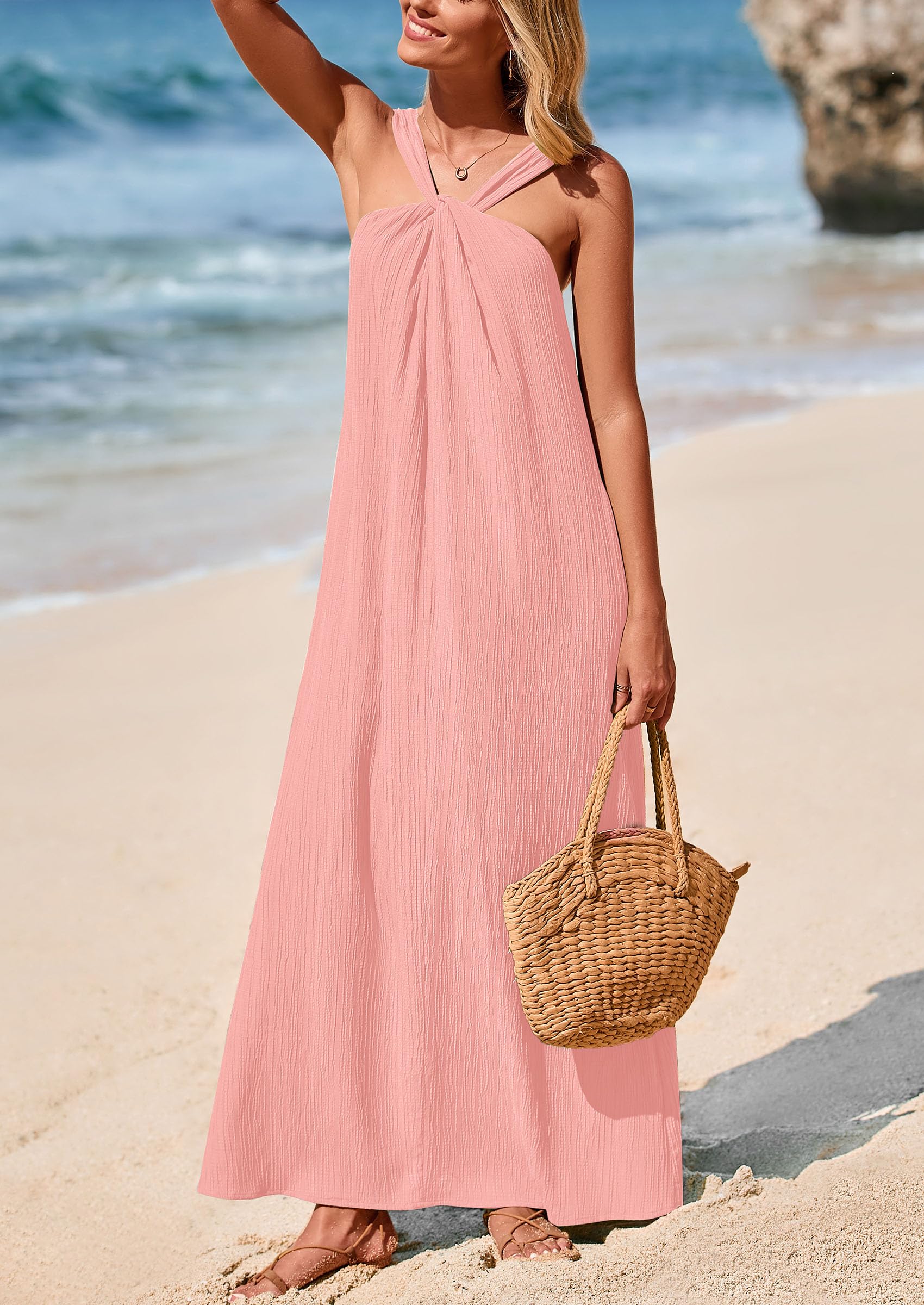 PRETTYGARDEN Womens Casual Long Summer Dresses Sleeveless Strappy Loose Flowy Beach Vacation Maxi Dress with Pockets