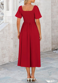 PRETTYGARDEN Summer Dress for Women Casual Short Sleeve Bow Tie V Neck Ruffle Midi Flowy Dresses