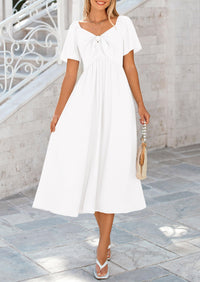 PRETTYGARDEN Summer Dress for Women Casual Short Sleeve Bow Tie V Neck Ruffle Midi Flowy Dresses