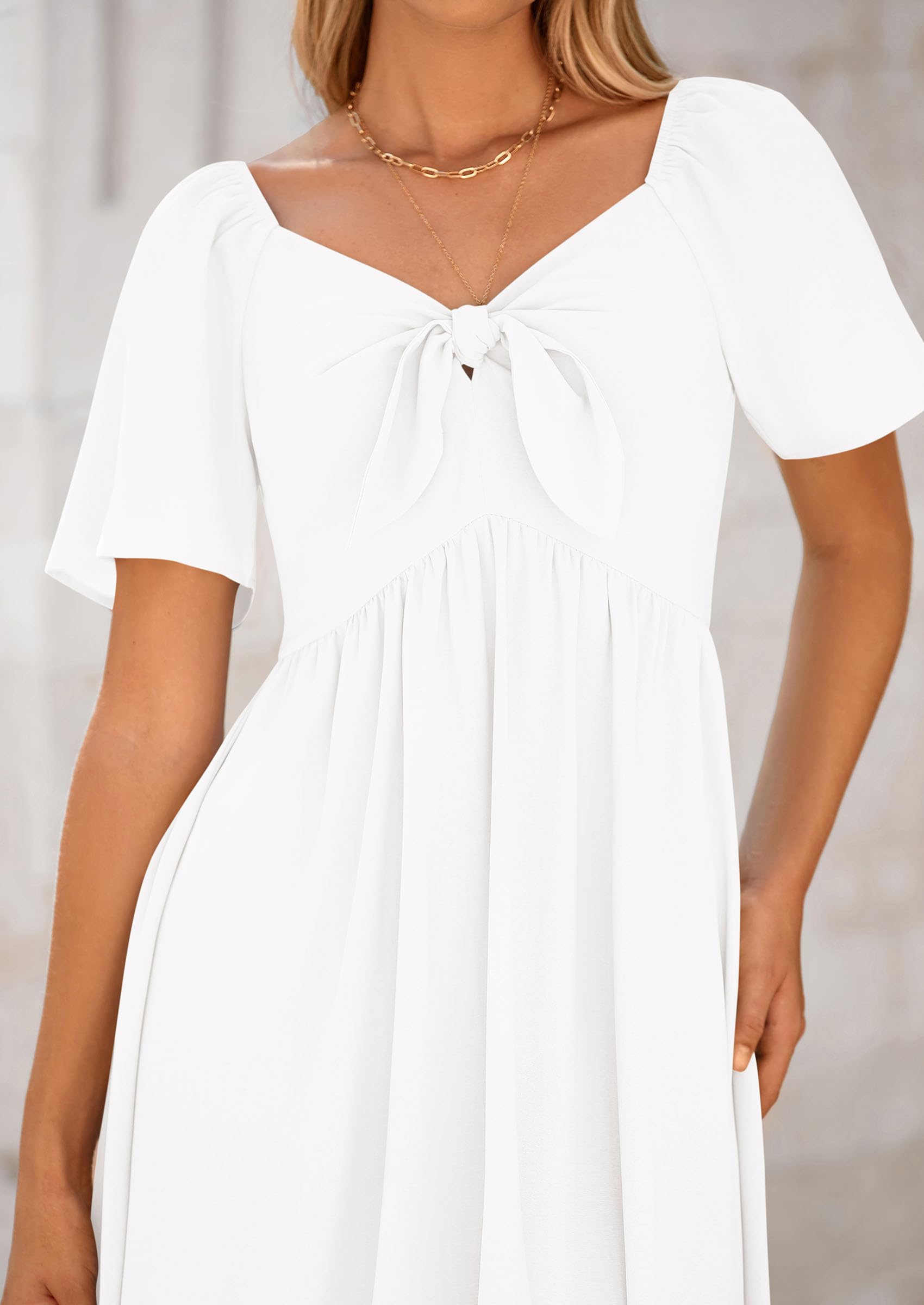PRETTYGARDEN Summer Dress for Women Casual Short Sleeve Bow Tie V Neck Ruffle Midi Flowy Dresses
