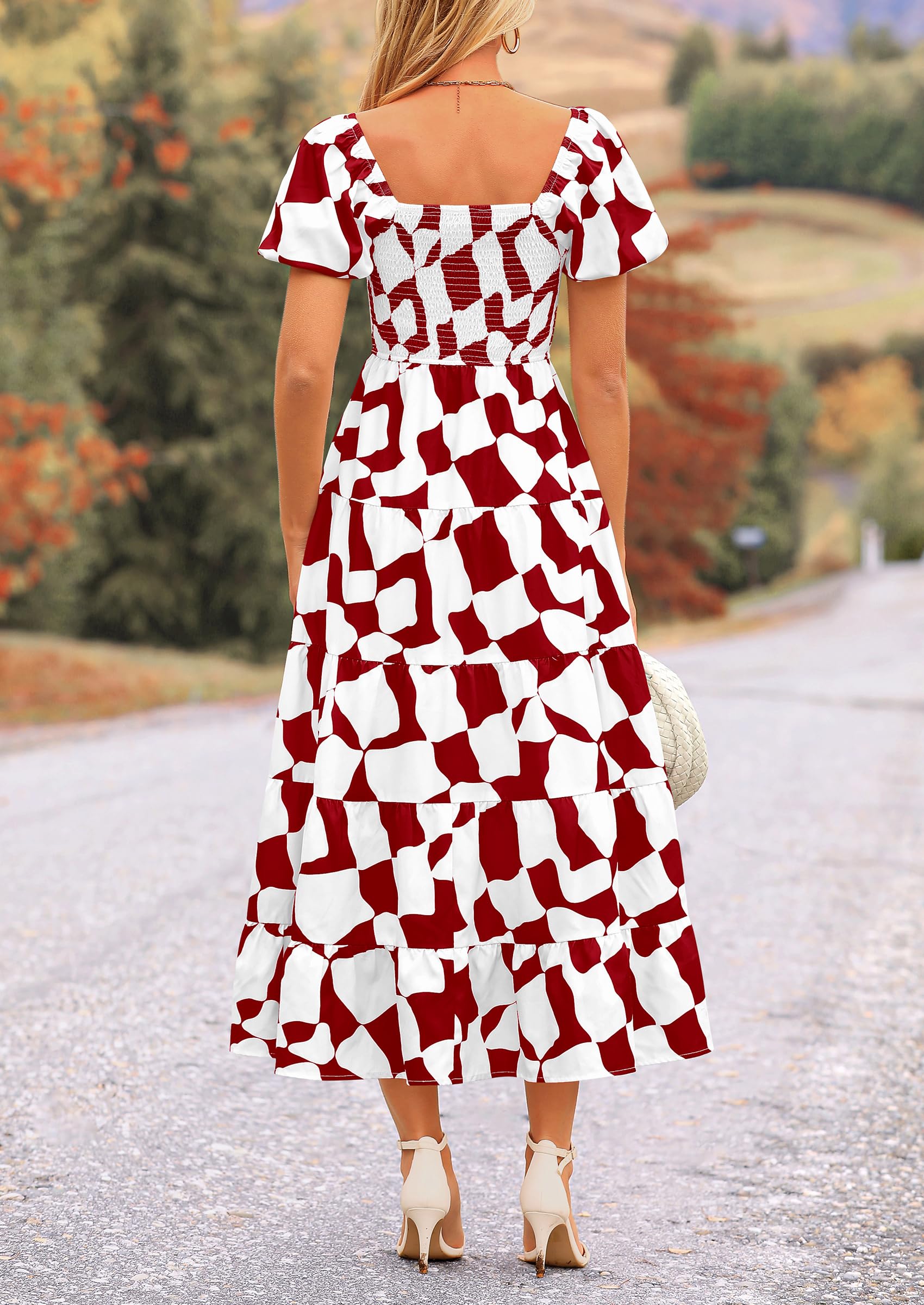 PRETTYGARDEN Women's Summer Boho Midi Dress Off Shoulder Puff Sleeve Print Smocked Ruffle Beach Long Flowy Dresses