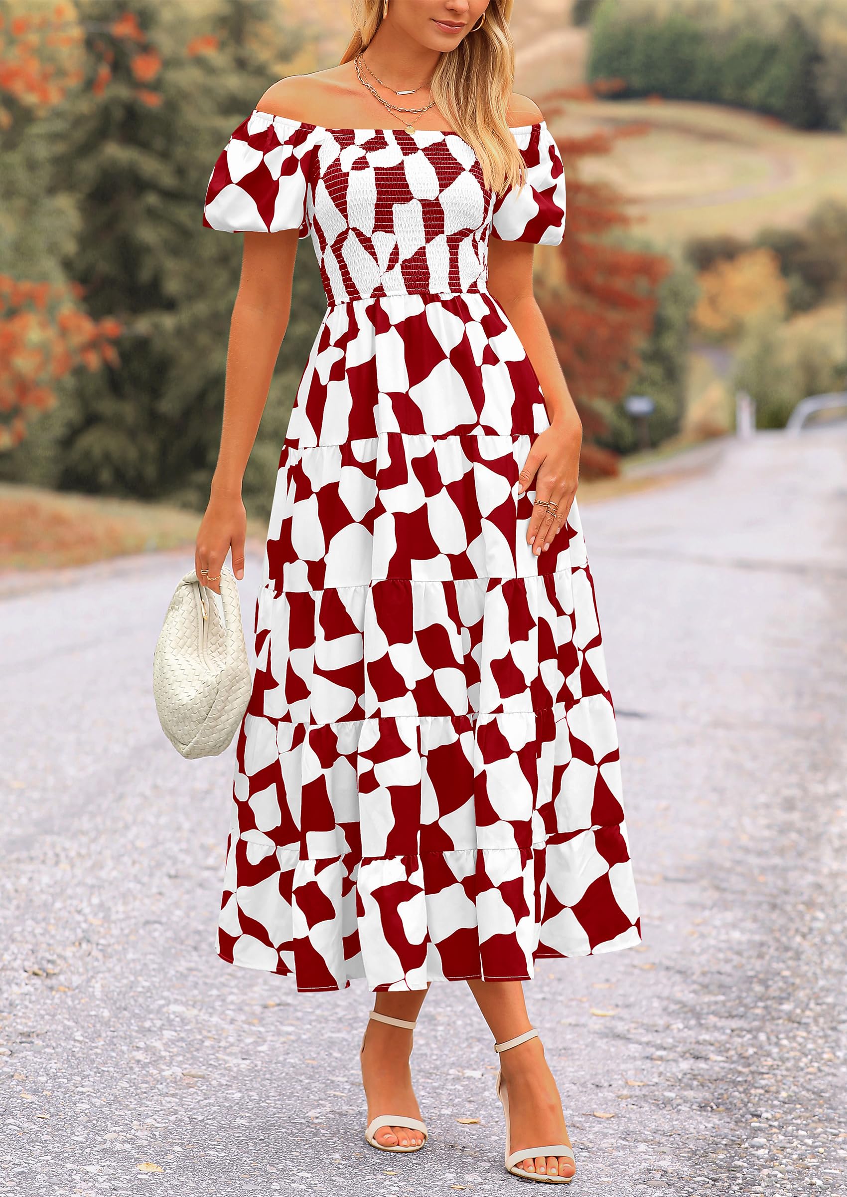 PRETTYGARDEN Women's Summer Boho Midi Dress Off Shoulder Puff Sleeve Print Smocked Ruffle Beach Long Flowy Dresses