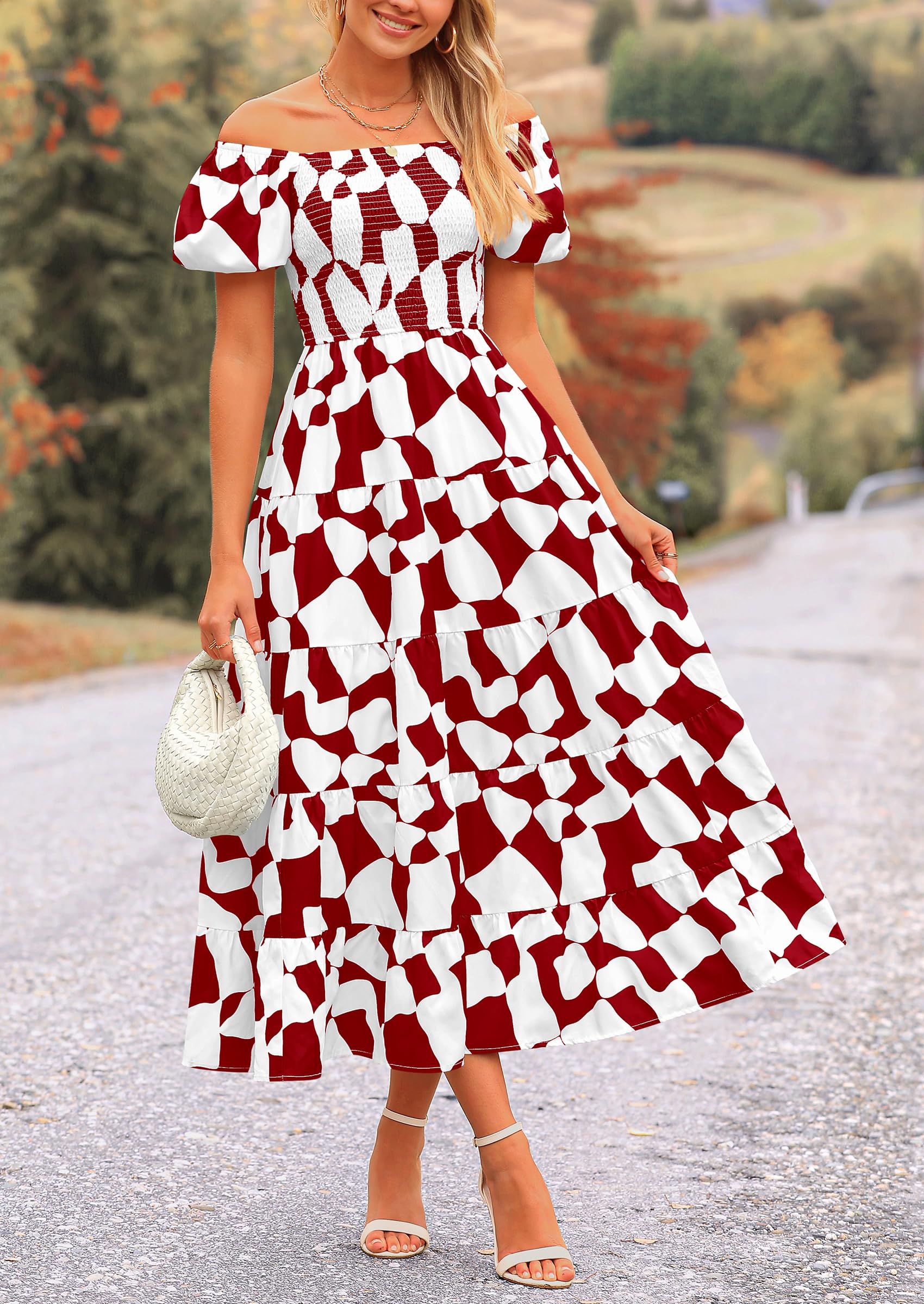 PRETTYGARDEN Women's Summer Boho Midi Dress Off Shoulder Puff Sleeve Print Smocked Ruffle Beach Long Flowy Dresses