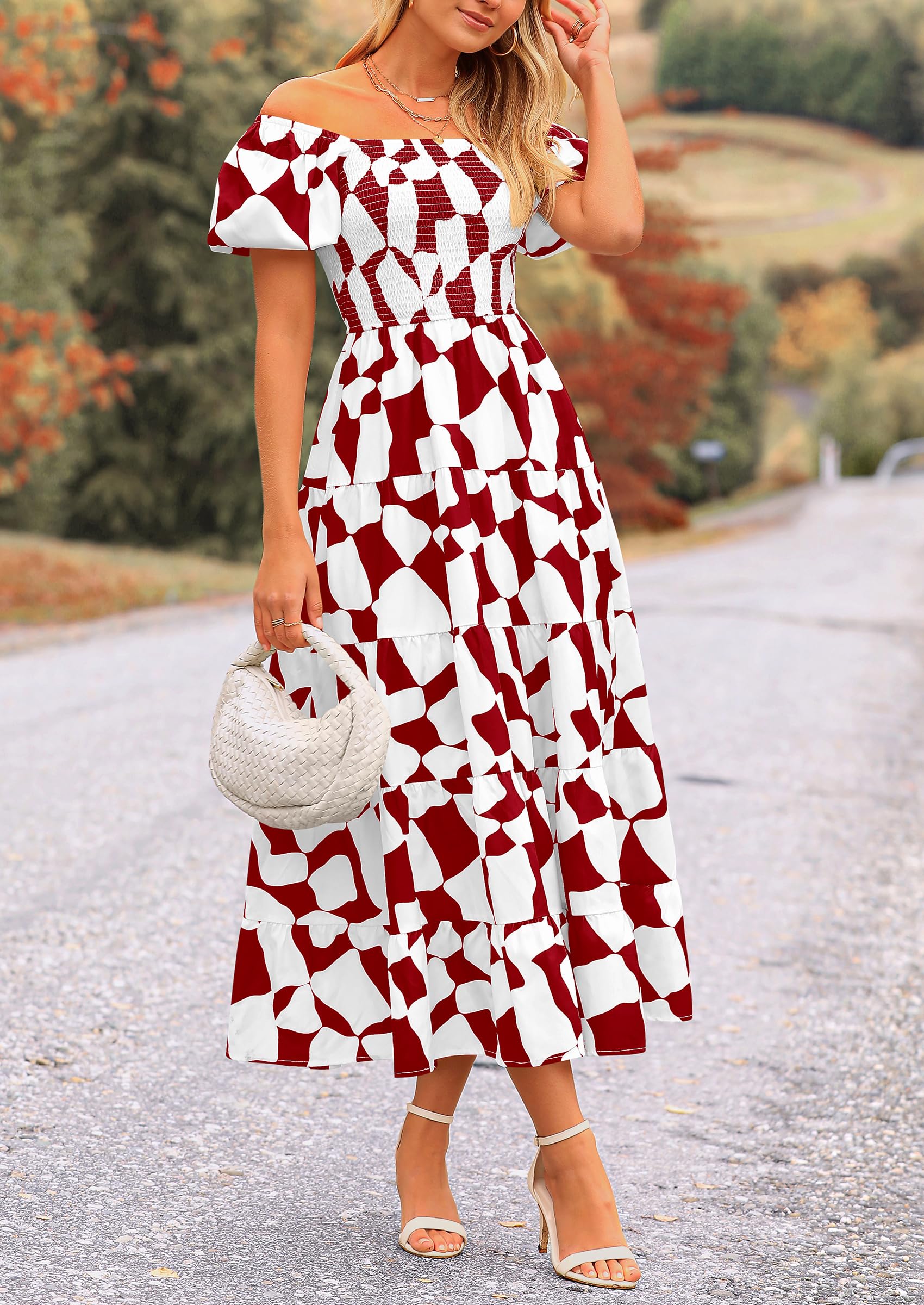 PRETTYGARDEN Women's Summer Boho Midi Dress Off Shoulder Puff Sleeve Print Smocked Ruffle Beach Long Flowy Dresses