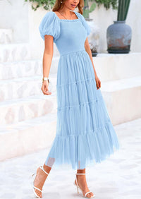 PRETTYGARDEN Women's Smocked Tulle Midi Dress Square Neck Puffy Short Sleeve Ruffle Wedding Guest Party Dresses