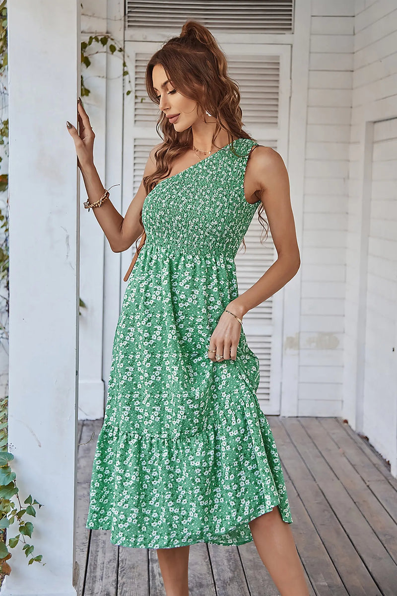 One Shoulder Boho Floral Print Maxi Dress PRETTYGARDEN