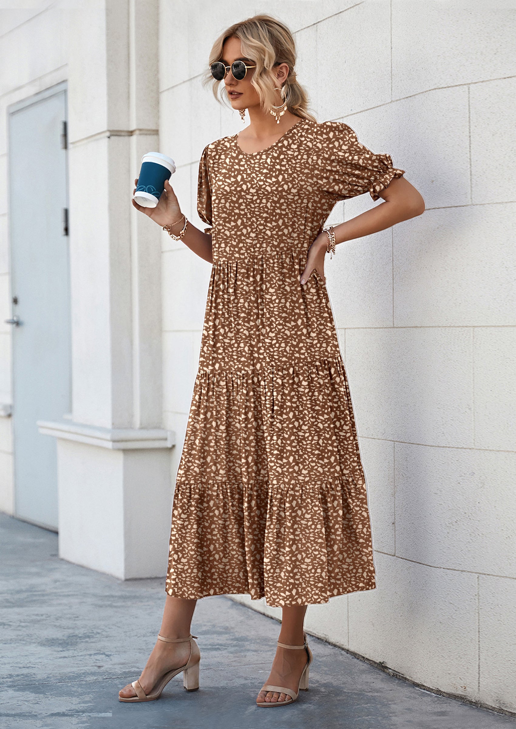 Prettygarden Women's Summer Casual Floral Boho Dress Puff Short Sleeve Ruffle Flowy Beach Party Midi Dresses - Khaki Black Leopard / M Floral Print Ruffle Puff Sleeve High Waist Midi Dresses-PRETTY GARDEN –  PRETTYGARDEN