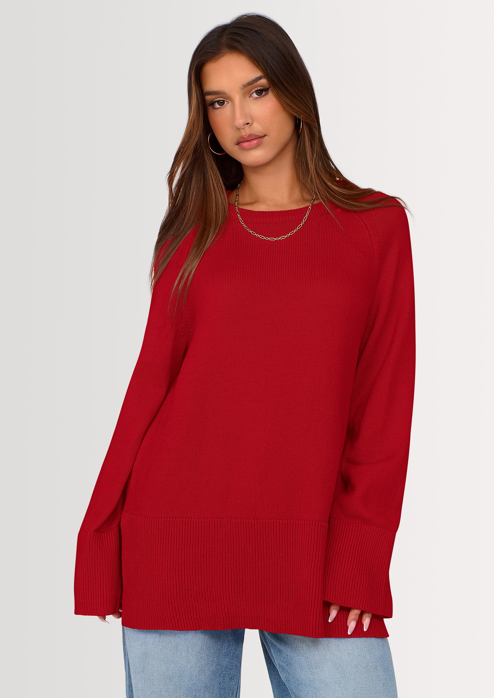 PRETTYGARDEN Women's Knit Fall Sweaters Long Sleeve Pullover Crewneck Split Hem Oversized Tunic Sweater Tops Winter Clothing