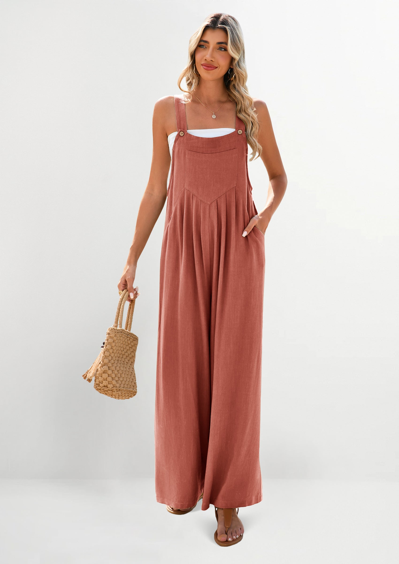 PRETTYGARDEN Women's Bib Overalls Casual Summer Sleeveless Strap Loose Wide Leg Jumpsuits with Pockets