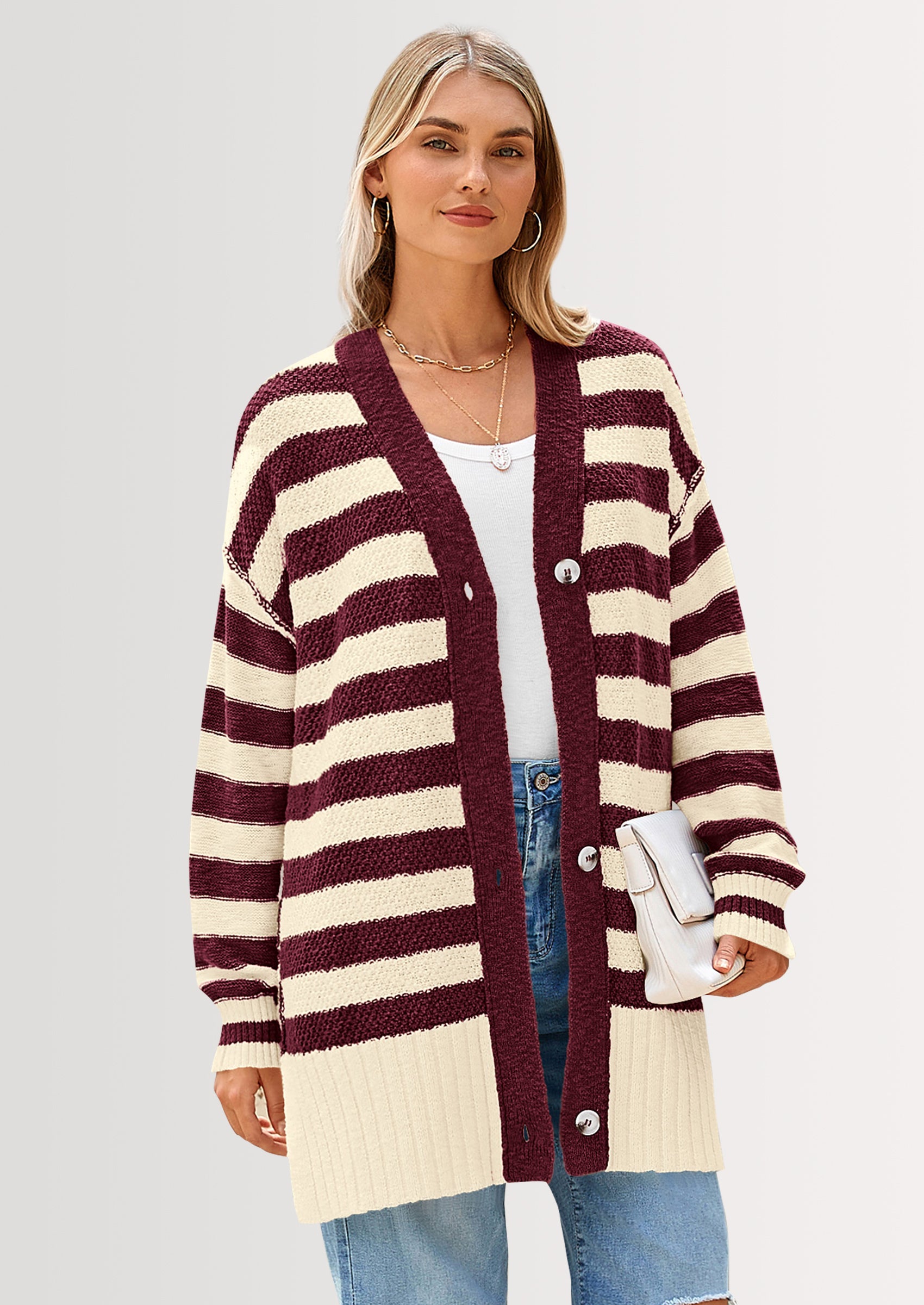 PRETTYGARDEN Women's Winter Striped Cardigan Sweaters Long Sleeve Butt