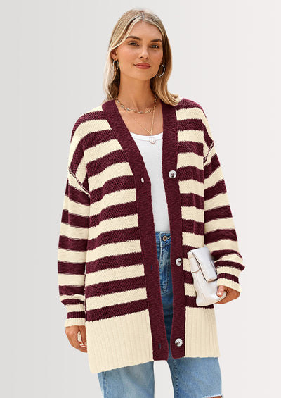 PRETTYGARDEN Women's Winter Striped Cardigan Sweaters Long Sleeve Button Down Open Front Chunky Knit Oversized Sweater Coat