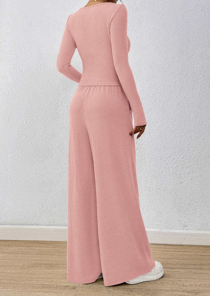 PRETTYGARDEN Women's 2 Piece Lounge Sets Fall Fashion Long Sleeve Crop Top Wide Leg Pants Matching Sets Clothing