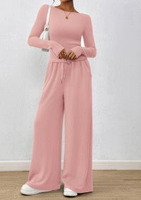 PRETTYGARDEN Women's 2 Piece Lounge Sets Fall Fashion Long Sleeve Crop Top Wide Leg Pants Matching Sets Clothing