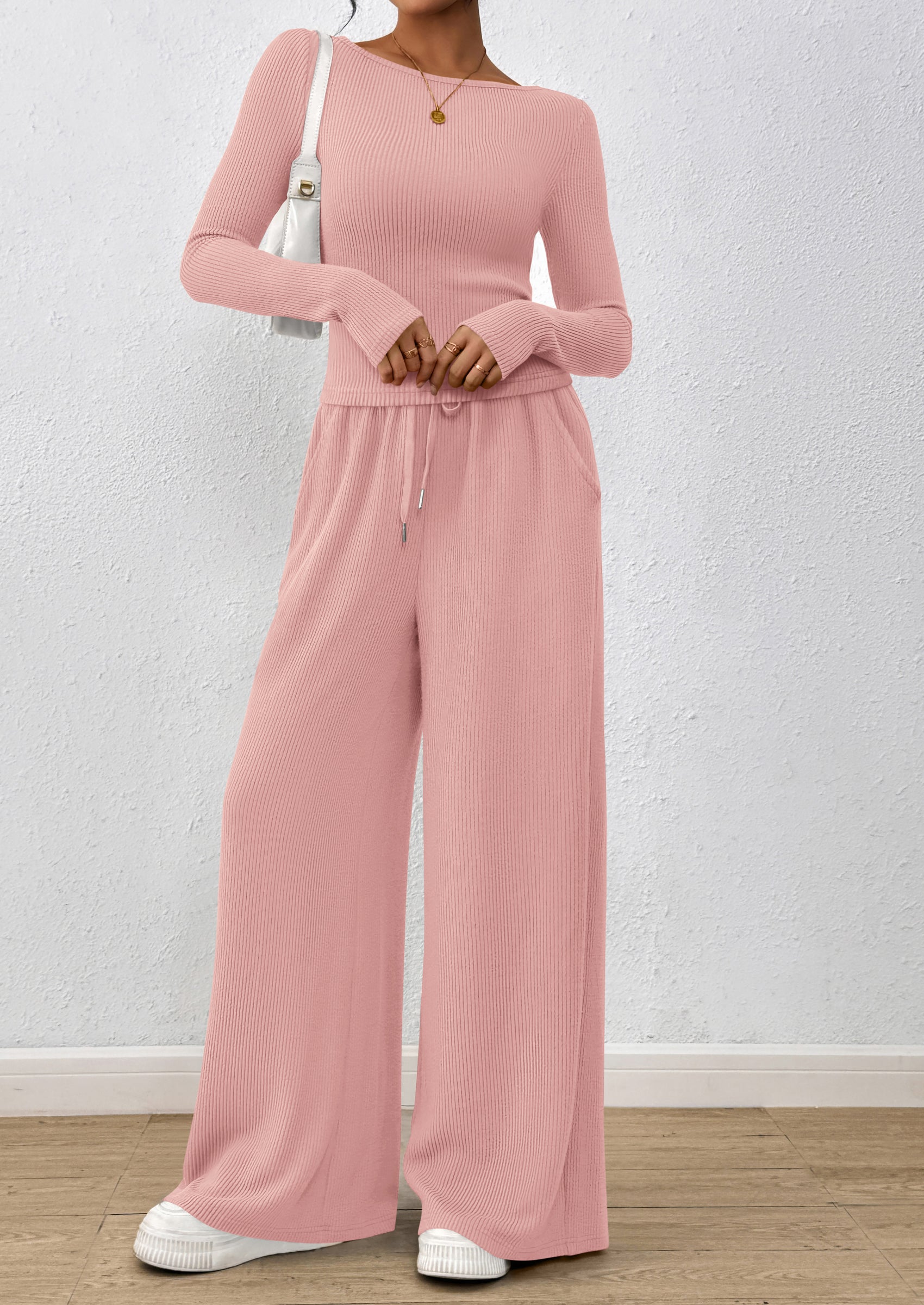 PRETTYGARDEN Women's 2 Piece Lounge Sets Fall Fashion Long Sleeve Crop Top Wide Leg Pants Matching Sets Clothing