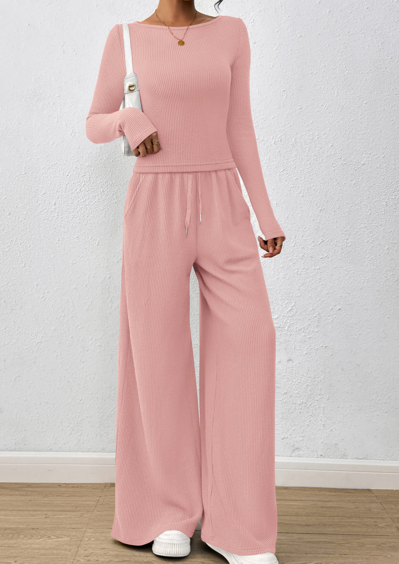 PRETTYGARDEN Women's 2 Piece Lounge Sets Fall Fashion Long Sleeve Crop Top Wide Leg Pants Matching Sets Clothing