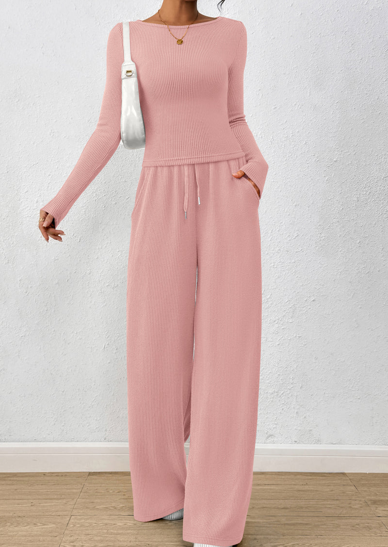 PRETTYGARDEN Women's 2 Piece Lounge Sets Fall Fashion Long Sleeve Crop Top Wide Leg Pants Matching Sets Clothing