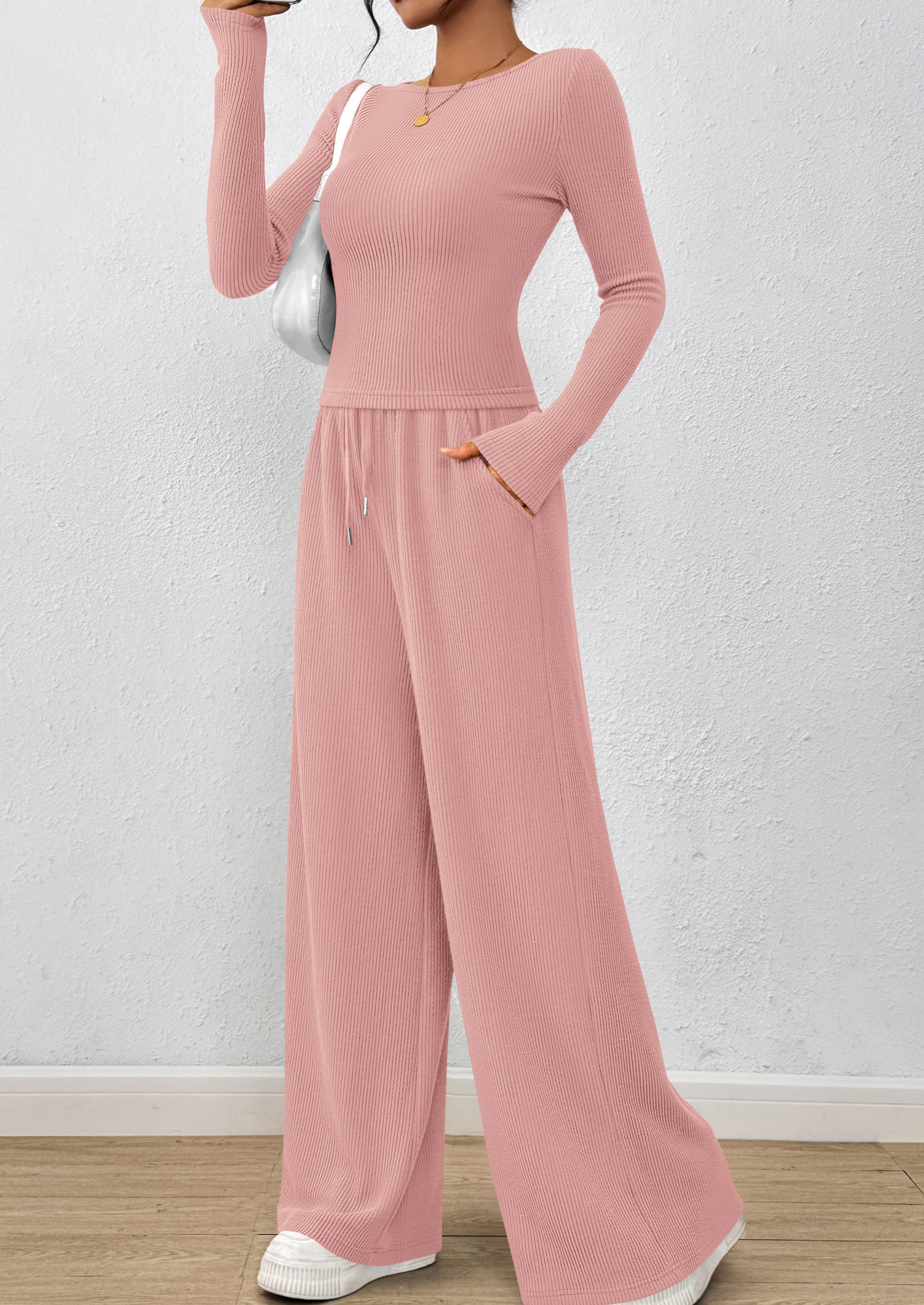 PRETTYGARDEN Women's 2 Piece Lounge Sets Fall Fashion Long Sleeve Crop Top Wide Leg Pants Matching Sets Clothing