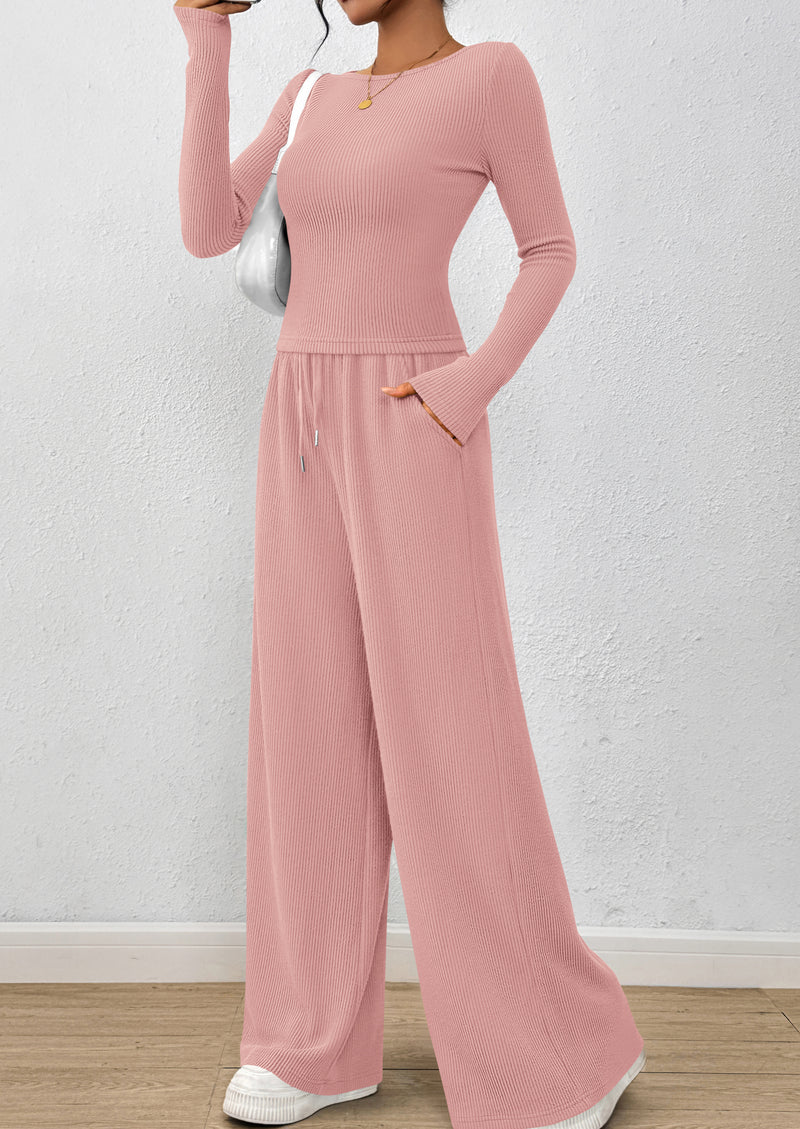 PRETTYGARDEN Women's 2 Piece Lounge Sets Fall Fashion Long Sleeve Crop Top Wide Leg Pants Matching Sets Clothing