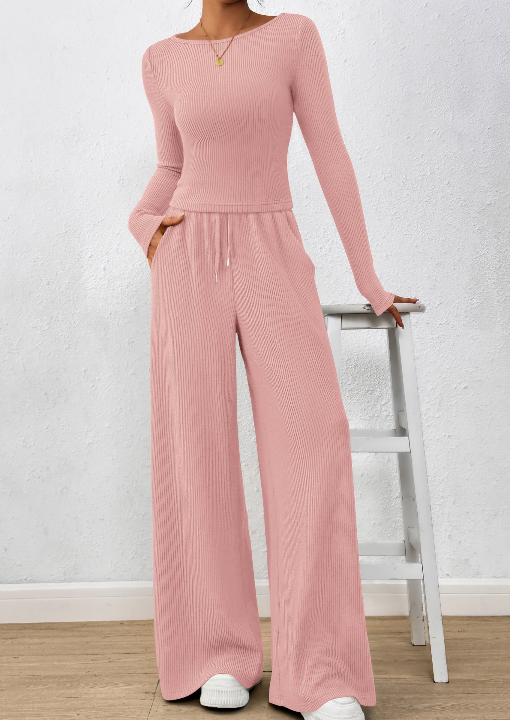 PRETTYGARDEN Women's 2 Piece Lounge Sets Fall Fashion Long Sleeve Crop Top Wide Leg Pants Matching Sets Clothing