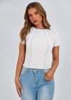 KIRUNDO Ribbed Short Sleeve Tops for Women Summer Casual Crew Neck Cute Crop Basic Tees Slim Fit Exposed Seams T Shirts