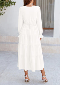 Long Sleeve V Neck Tiered Ruffle Flowy A Line Maxi Dresses
