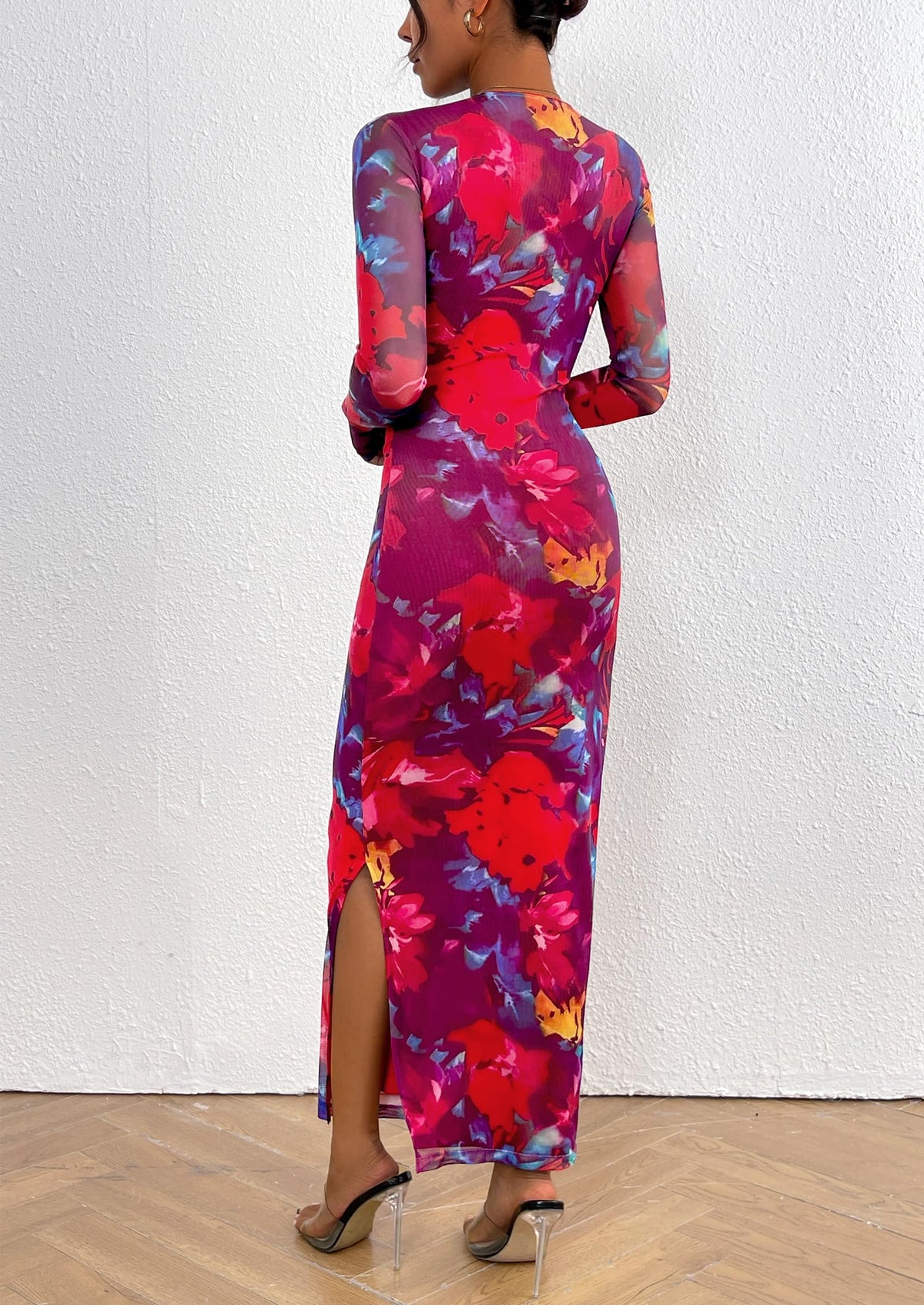 Floral Print Long Sleeve Tight Fitted Ruched Bodycon Maxi Dresses