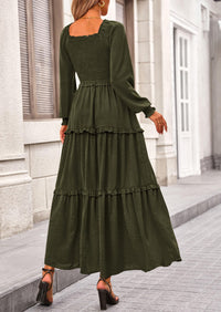 Long Sleeve Smocked Casual Square Neck Swiss Dot Tiered Ruffle Maxi Dresses