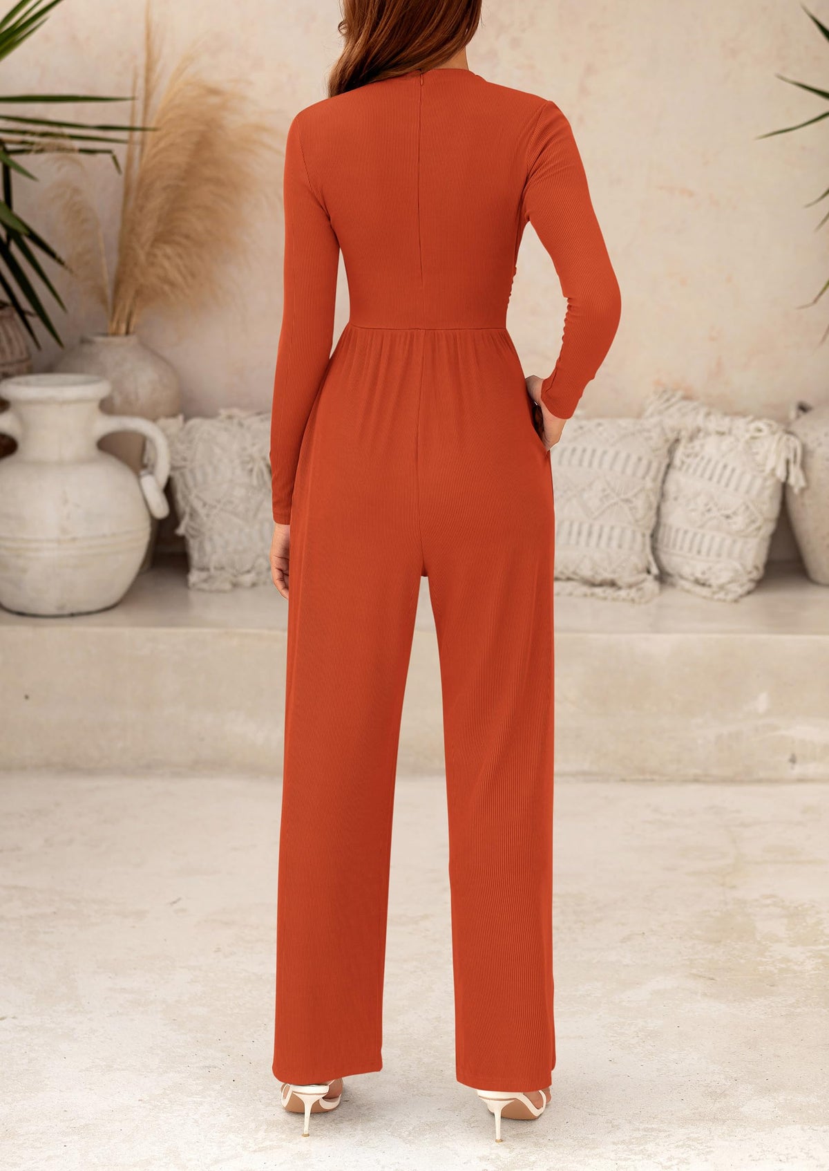Casual Long Sleeve Mock Neck Wide Leg Jumpsuits